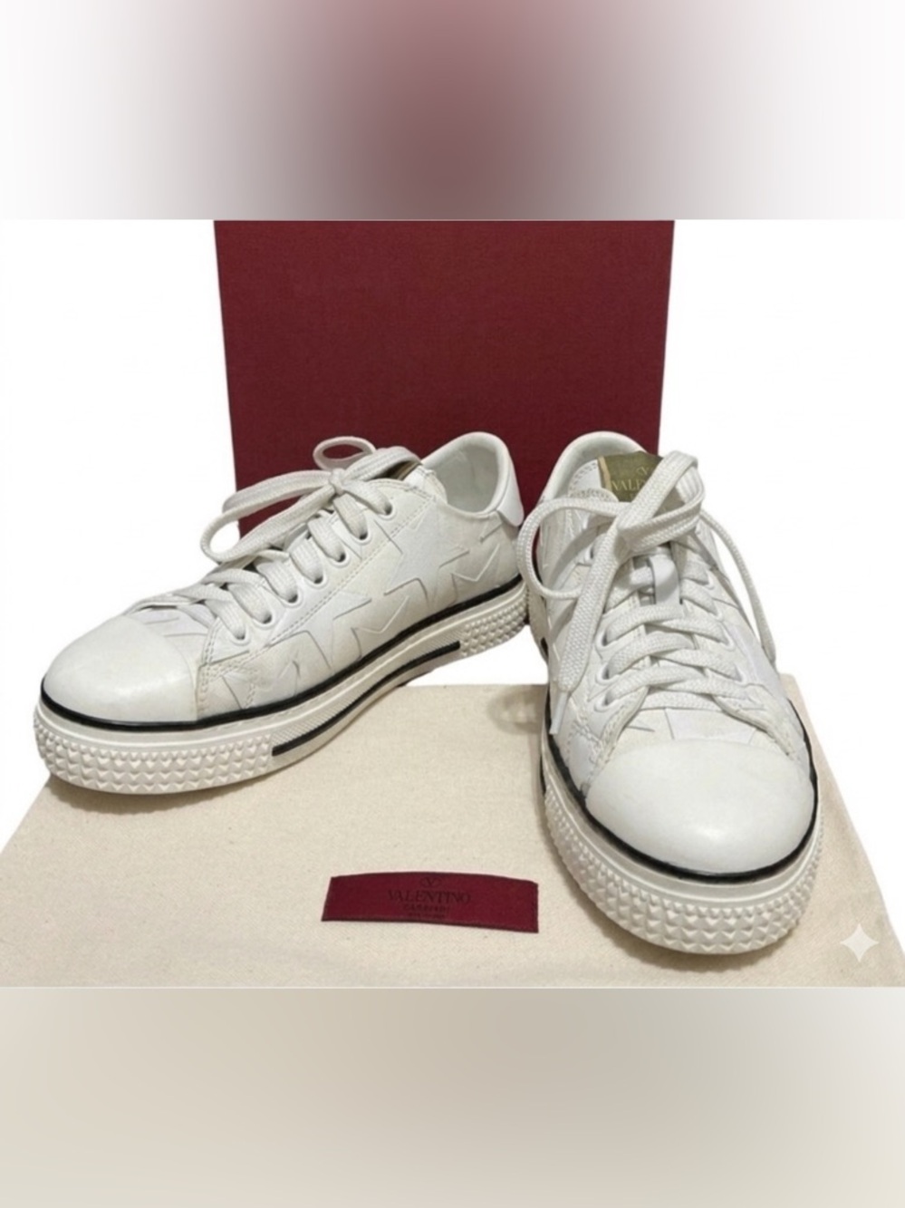 VALENTINO GARAVANI Camo Star Studded Platform Sneakers 7 White $999 Retail EUC